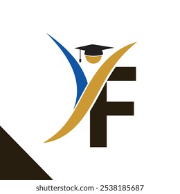 Letter F With Education Logo Design Vector Template. Graduation Hat Icon