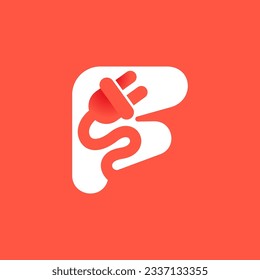 Letter F with electrical plug logo. Negative space technology icon. Power energy brand concept. Vector typeface for electric vehicle identity, eco-friendly hybrid cars, charging point and accessories.