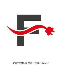 Letter F Electricity or Electrical Logo Concept with Electric Plug Vector Template