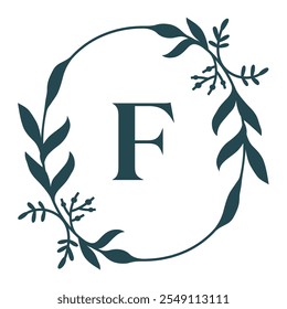 Letter F In Elegant Floral Oval Frame. Leafy Christmas Wreath. Vector  Illustration Isolated On White Background.