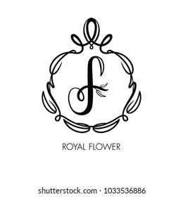 Letter F. Elements of monogram design, logo design Royal Flower. Calligraphic elegant  logo design on white isolated background. Business sign, identity, label, badge, Cafe, Hotel. 