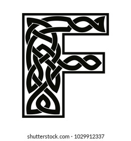 Letter F of the English alphabet with Celtic national ornament as interlaced ribbon isolated on white background.