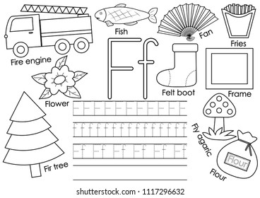 Letter F. English alphabet. Educational game for children. Writing practice. Coloring book. Vector illustration.