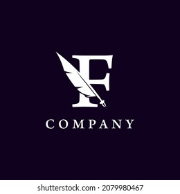 Letter F with Feather Quill Pen Notary Writer Journalist Logo Design Inspiration