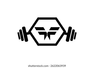 Letter F or FF Fitness gym logo vector with barbell. FF Gym logo in hexagon shape.