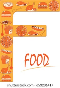 Letter F filled with food icons. Fast food isolated pieces.