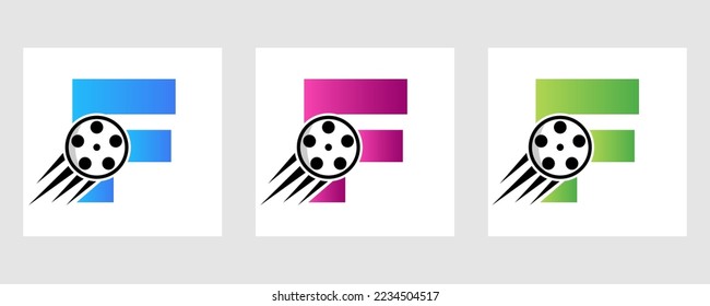 Letter F Film Logo Concept With Film Reel For Media Sign, Movie Director Symbol