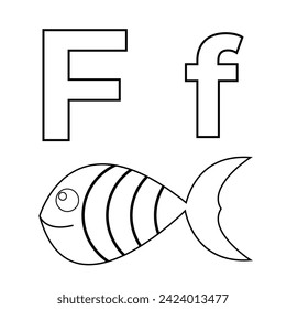 Letter F for Fish, Vector illustration of kids alphabet coloring book page with outlined clip art for color children book.