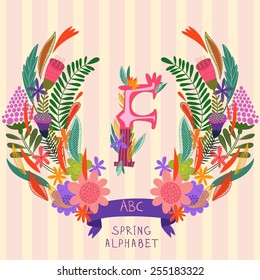 The letter F. Floral hand drawn monogram made of flowers and leafs in vector. Spring floral ABC element in vector. Can be used for posters, cards, blogs, backgrounds and any  stylish designs