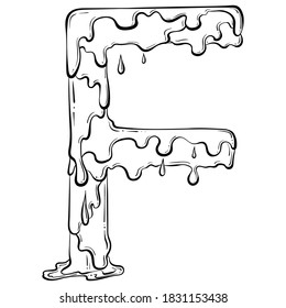 Letter F with flow drops and goo splash. Dripping liquid symbol. Vector trendy font made in hand drawn line art style isolated on white background. Slime logo or initial letter.
