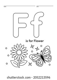 Letter F is for Flower Alphabet Learning Worksheet Coloring Book Page