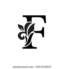 letra F adorno floral. Logo del vector. Alfabeto monograma. Hermosas letras florales de mayúsculas