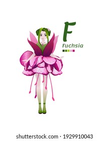 Letter F from flowers alphabet. Children's Illustration of a young cute girl in a fairy pink dress, and green hairstyle. Dress made of Fuchsia.