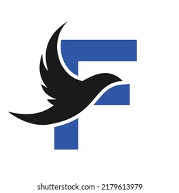 Letter F Flying Bird Logo Template Vektor Sign. Dove-Bird-Logo auf Buchstabe F-Konzept