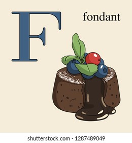 Letter F with fondant. Illustrated English alphabet with sweets.