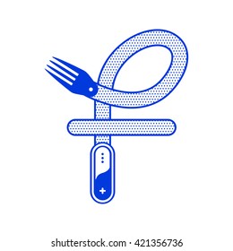 Letter F with fork in minimal outline design. Vector logo illustration for your application or restaurant