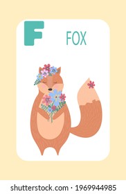 Letter F, Fox, educational, learning the alphabet cards for kids.