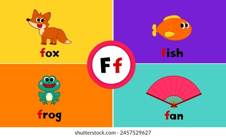 Letter F f, fox, fish, frog, fan, Flashcard, Alphabet, Kids, Learning, Teaching, Vocabulary
