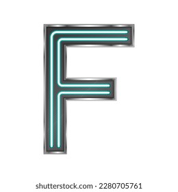 Letter F (Foxtrot) Capital Uppercase Modern English Alphabet Neon Glow Light Stainless Metallic Frame Futuristic Design Icon Logo Isolated on White Background