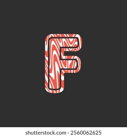 Letter F from fresh raw meat fish. Vector latin meat alphabet. Red meat salmon font for restaurants, butcher shop, farmers market, Salmon fillet marble texture, fish pattern. 