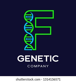 Letter F Genetic DNA vector logo template. Design with chromosome symbol. This logo is suitable for research, science, medical, logotype, technology, lab, molecule, protein, nucleus, spiral.