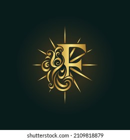 Letter F. Glowing Golden Monogram. Bright Star with Rays. Elegant Calligraphic Logo. Creative Art Design. Luxury Template for Brand Name,  Restaurant, Club. Vector Illustration