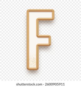 Letter F. Golden alhabet text effect. Realistic gold metal font. Golden ouline font. Metallic 3d typeface. English alphabet. Vector illustration.
