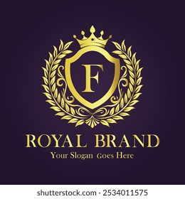 Letter F golden crown logo vector design illustration.