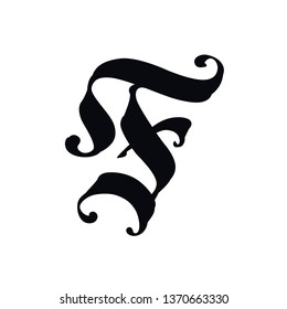 Letter F, in the Gothic style. Vector. Alphabet. The symbol is isolated on a golden background. Calligraphy and lettering. Medieval Latin letter. Logo for the company. Monogram. Tattoo.