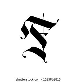 Letter F, in the Gothic style. Vector. Alphabet. The symbol is isolated on a white background. Calligraphy and lettering. Medieval Latin letter. Logo for the company. Monogram. Elegant font for tattoo