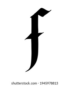Letter F, in the Gothic style. Vector. Alphabet. The symbol is isolated on a white background. Calligraphy and lettering. Medieval Latin letter. Logo for the company. Monogram. Elegant font for tattoo