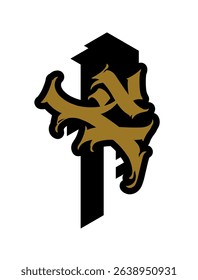 Letter F in graffiti and gothic style. Vector. Graffiti, tag and medieval latin letter. Signs and symbols for design. Calligraphy, lettering and tags. Modern interpretation of gothic.
