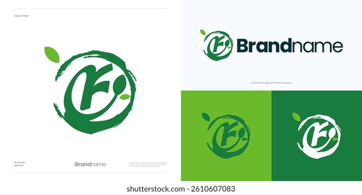 Letter F green leaf logo icon design vector editable, Symbol initial F fresh sign concept with leaf or leaves and circle brushstroke for nature, Usable for fresh food and brand identity business.