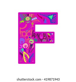 Letter F hand drawn doodle style lettering word colorful. Letter F symbol. Letter F logo. Letter F sign. Letter F poster. Letter F icon.
