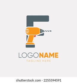 Letter F Hand Drill Machine Logo Design Vector Icon Graphic Emblem Illustration