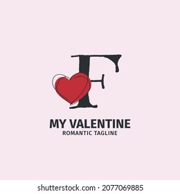 letter F with heart shape cute doodle style for a lover identity, valentine gift brand, and girl toy shop