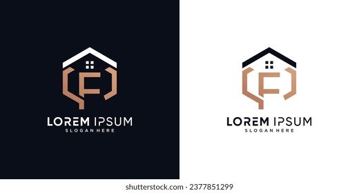 Letter f and house logo design vector illustration with hexagon concept