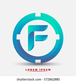 Letter F icon and logo for business name.  New design and elegant typographic. twisted, with blue rings