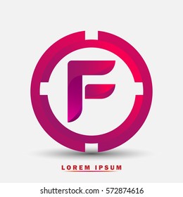 Letter F icon and logo for business name.  New design and elegant typographic. twisted, with red rings