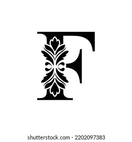 letter F initial  black. flower  letters. Vintage ornament Alphabet. Logo vector 