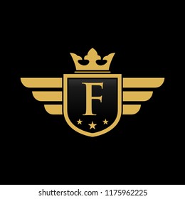 Letter F initial wing with shield and crown, Luxury logo design vector 