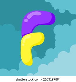 letter F initials Purple and yellow balloons are interlaced to form letters floating isolated on sky and clouds background, vector logo letter typography illustration.