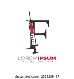 Letter F Injection Logo Design. Alphabet F Syringe icon illustration