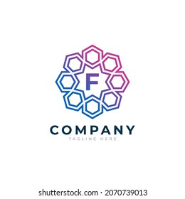 Letra F Dentro Del Elemento Plantilla De Diseño De Logotipo De Forma Hexagágona