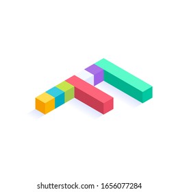 Letter F Isometric colorful cubes 3d design, three-dimensional letter vector illustration isolated on white background