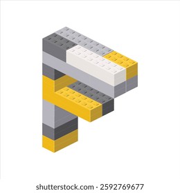 Letter F in isometric view assembled from plastic blocks. Vector