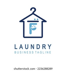 Letter F for Laundry Business Logo Design Idea Template with House and Hanger Icon. Dry Cleaning Clothes Wash Machine