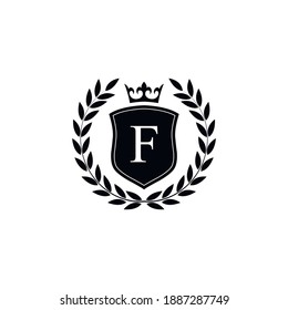  Letter F laurel wreath template logo Luxury shield letter with crown. Monogram alphabet . Beautiful royal initials letter.