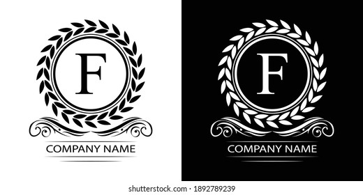 Letter F laurel wreath template logo Luxury gold letter with crown. Monogram alphabet . Beautiful royal initials letter.	