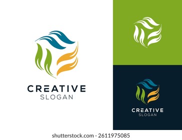 Letter F with leaf forming hexagon logo design